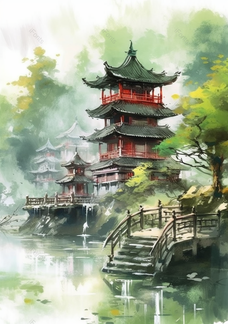 绿色中国风水墨画古典建筑房屋楼阁背景,插画/手绘图,插画/手绘图库,插画/手绘图下载,插画/手绘